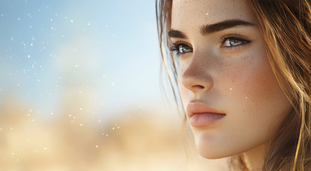 A young woman gazes thoughtfully to the side, showcasing her freckles and striking blue eyes amidst a soft, wintery backdrop filled with gentle light.の素材