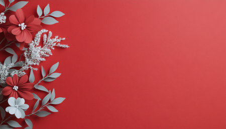A stunning floral composition featuring a mix of textures and colors, placed on a rich red background, suitable for seasonal celebrations or decorative designs.の素材