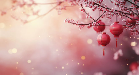 Delicate red lanterns are suspended from blooming cherry branches, creating a tranquil atmosphere in a softly lit setting with sparkling bokeh effects in the background.の素材