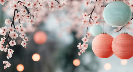 Delicate cherry blossom branches feature hanging lanterns in soft pastels, creating a serene atmosphere. The blooms add a touch of color as gentle bokeh lights provide a dreamy background.の素材