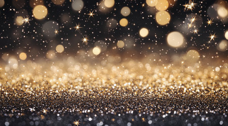 A shimmering backdrop features a blend of golden glitter and sparkling particles against a dark background, creating a festive atmosphere ideal for celebrations or creative projects.の素材