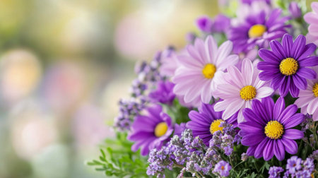 A vibrant arrangement of purple and pink gerbera daisies alongside delicate roses brings a joyful touch to a spring gathering, enhancing the cheerful atmosphere with colorful blooms and soft bokeh in the background.の素材