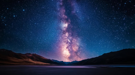 A breathtaking view of a starry night sky filled with the Milky Way above a tranquil lake, reflecting the celestial display and majestic mountains in the background during twilight.の素材