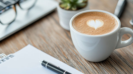A steaming cup of coffee sits next to blank notebooks and reading glasses, arranged on a rustic wooden table, ideal for study or work sessions in a cozy atmosphere.の素材