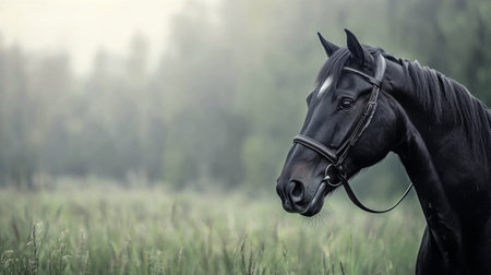 A black horse stands calmly on a misty trail, framed by trees with autumn leaves. The soft light of highlights dawn its sleek coat as it gazes into the distance, creating a serene and tranquil atmosphere.の素材