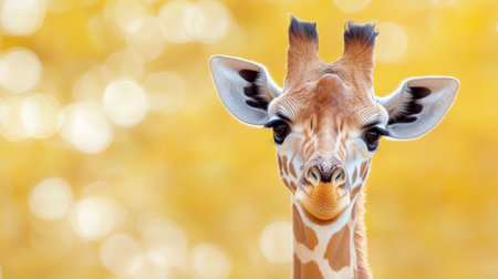 A giraffe with distinctive patterns looks curiously at the viewer, its long neck and elegant features highlighted by a bright yellow backdrop in a wildlife setting.の素材