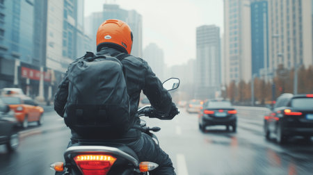 A motorcyclist in a helmet navigates through heavy traffic on a busy city street during twilight, showcasing a blend of excitement and urban lifestyle.の素材