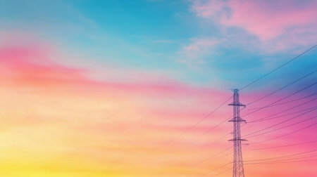 Power lines stand tall against a vibrant sunset, blending with colorful bokeh lights in the background, creating a captivating urban landscape.の素材