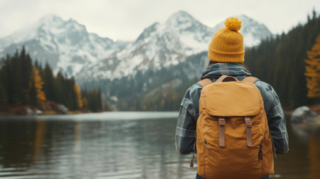A person with a backpack looks out over a calm lake surrounded by towering mountains under a gray sky.の素材