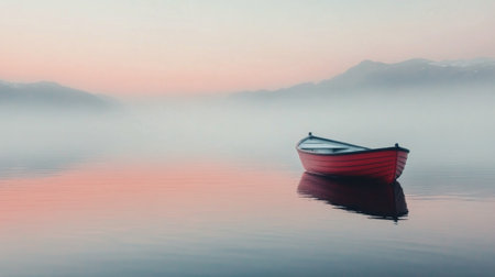 A solitary sailboat drifts peacefully on still waters, surrounded by a soft, muted morning haze. The serene environment reflects the boat's silhouette, creating a harmonious and tranquil atmosphere.の素材