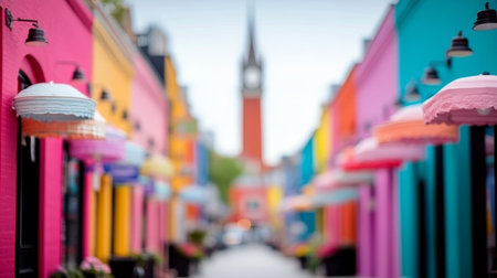Vibrant storefronts in pastel colors line a charming street, with a traditional clock tower rising in the background under a partly cloudy sky.の素材