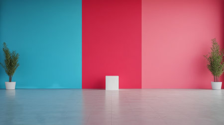 A cylindrical sculpture stands in the center of a contemporary gallery, surrounded by colorful walls painted in red and blue hues, creating a striking visual contrast in an artistic space.の素材