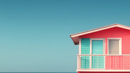 A vibrant beach house features turquoise and pink walls, with a balcony overlooking the water. The clear blue sky enhances the cheerful atmosphere of this coastal retreat.の素材