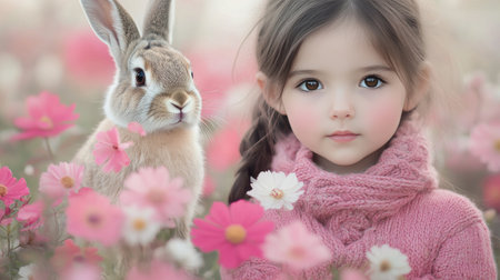 A young girl with long hair stands among vibrant pink flowers, holding a bouquet. Beside her, a curious rabbit looks on, creating a whimsical, enchanting atmosphere in a spring garden.の素材