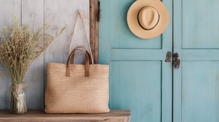 A straw bag rests on a wooden table next to a vase of dried flowers, while a sun hat hangs on a rustic blue door, creating a cozy and inviting atmosphere.の素材