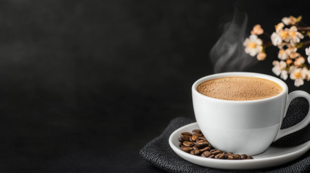 A steaming cup of black coffee sits on a white saucer, placed on a dark, textured surface, inviting relaxation and warmth.の素材
