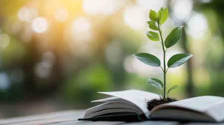 A young plant emerges from the pages of an open book, surrounded by soft sunlight and greenery, symbolizing growth through knowledge in a tranquil outdoor environment.の素材
