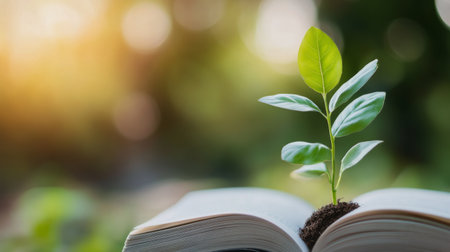 A young plant emerges from the pages of an open book, surrounded by soft sunlight and greenery, symbolizing growth through knowledge in a tranquil outdoor environment.の素材