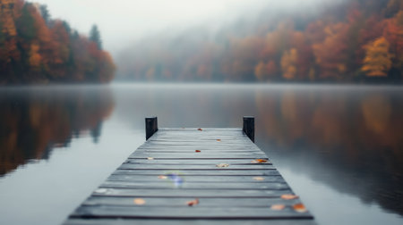 A serene lake reflects vibrant autumn colors, with a weathered wooden dock extending into the water. Majestic mountains stand in the distance, enhancing the tranquil beauty of the landscape.の素材