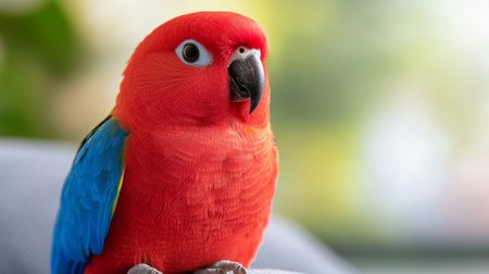 A brightly colored parrot sits gracefully on a branch, showing vivid blue, green, and red feathers. The background is softly blurred, highlighting the beauty of the bird in a sunny environment.の素材