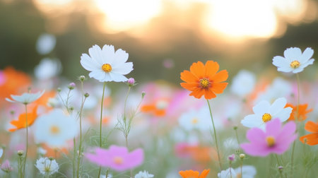 A vibrant mix of wildflowers, including white, orange, and pink varieties, sways gently in the breeze as the sun sets in the background, casting a warm glow over the peaceful meadow.の素材