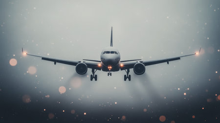An airplane approaches for landing amidst thick, dark clouds, showing the struggle against turbulent weather conditions.の素材