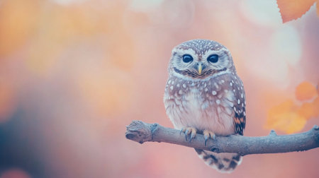 A spotted owl sits on a log, its eyes wide and alert. The background is softly blurred with warm autumn colors, creating a serene and picturesque setting during the golden hour.の素材