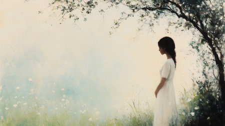 A young woman with long dark hair wears a wide-brimmed white hat, gazing peacefully to the side against a lush green leaf backdrop, creating a calm and natural atmosphere.の素材