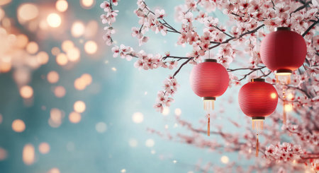 Delicate cherry blossom branches feature hanging lanterns in soft pastels, creating a serene atmosphere. The blooms add a touch of color as gentle bokeh lights provide a dreamy background.の素材