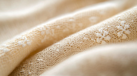 A close-up view of a fabric showcasing a delicate floral design with gold accents, set against a soft gray background, highlighting the intricate weaving and texture details.の素材