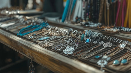 A beautifully arranged collection of handmade jewelry showcases earrings and accessories on wooden stands. The warm atmosphere is enhanced by dried flowers in vases and natural light flooding the space.の素材