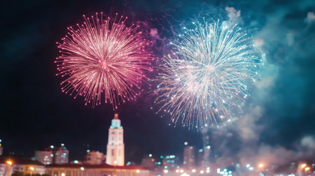 Vibrant bursts of red and blue fireworks light up the night sky above a bustling city, showcasing a festive atmosphere and creating a joyful spectacle for onlookers below.の素材