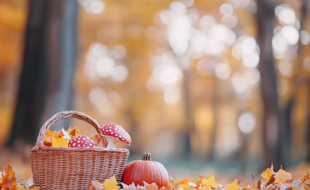 A woven basket filled with red-spotted mushrooms sits on a bed of vibrant fallen leaves, accompanied by a small pumpkin. The soft golden light of autumn filters through the trees, creating a warm atmosphere.の素材