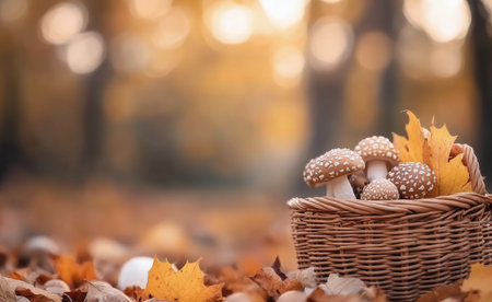 A woven basket filled with red-spotted mushrooms sits on a bed of vibrant fallen leaves, accompanied by a small pumpkin. The soft golden light of autumn filters through the trees, creating a warm atmosphere.の素材