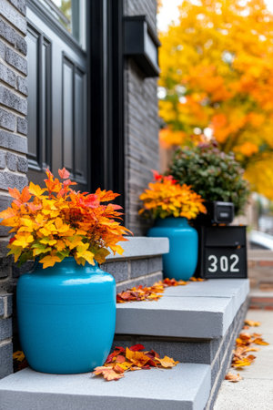 Colorful autumn leaves cover the steps leading to a bright blue door, framed by two decorative pots filled with fall foliage, creating a warm welcome on a crisp autumn day.の素材