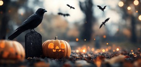 A carved pumpkin grins in front of a gravestone, lit from within, while a crow perches on top. Bats flutter around in the eerie twilight, surrounded by fallen leaves and a haunting, festive atmosphere.の素材