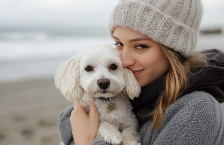 A woman gently hugs her small, fluffy dog while standing on a sandy beach. The ocean stretches out behind them, reflecting the soft colors of the setting sun in the distance.の素材