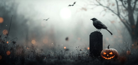A carved pumpkin grins in front of a gravestone, lit from within, while a crow perches on top. Bats flutter around in the eerie twilight, surrounded by fallen leaves and a haunting, festive atmosphere.の素材