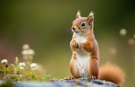 A small squirrel with a fluffy tail and bright eyes perches on a rock, holding its paws together, surrounded by soft, blurred wildflowers in the early morning light.の素材