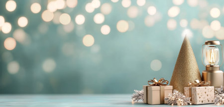 Brightly wrapped gifts and a vintage lantern sit on a surface, illuminated by sparkling lights from a Christmas tree in the background, creating a warm, festive atmosphere around a holiday celebration.の素材