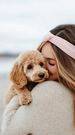 A young girl warmly hugs her fluffy dog while standing on the beach, with gentle waves in the background during sunset, showing a joyful moment of love and companionship.の素材