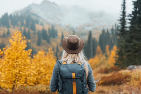 A person with long hair and a hat stands outdoors, gazing at a mountainous landscape filled with colorful autumn foliage under a cloudy sky.の素材