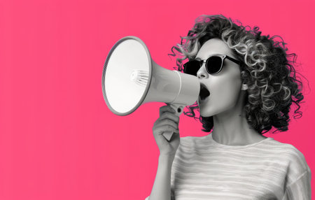 A woman with curly hair and sunglasses passionately speaks into a megaphone, conveying a message against a vibrant pink backdrop while wearing a light sweater.の素材