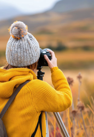 A young woman wearing a cozy yellow sweater and knit hat focuses on taking pictures of the beautiful autumn landscape, surrounded by golden grass under an overcast sky.の素材