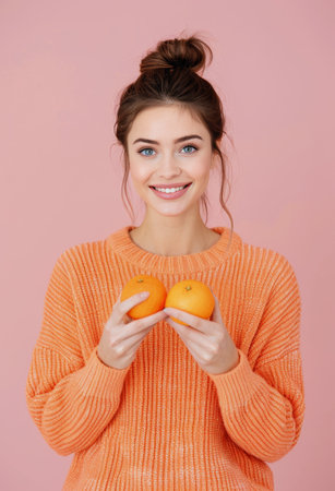 A cheerful young woman with glasses and a braided hairstyle smiles while holding oranges on either side of her face, surrounded by a vibrant yellow backdrop that enhances her playful demeanor.の素材