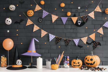 The space features a black wall adorned with orange and purple bunting, alongside festive pumpkins, a witch's hat, colorful balloons, and a broom, creating a playful Halloween atmosphere.の素材