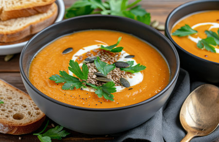 A bowl of creamy pumpkin soup topped with seeds and herbs, surrounded by fresh bread slices on a rustic wooden table, creating a warm and inviting atmosphere perfect for autumn dining.の素材