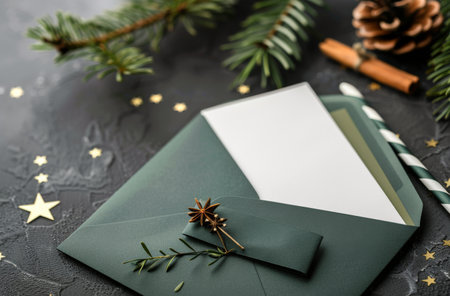 A festive setup featuring wrapped gifts, pinecones, and a cup of milk next to an envelope and blank card, surrounded by decorative snowflakes and cinnamon sticks, creating a warm winter ambiance.の素材