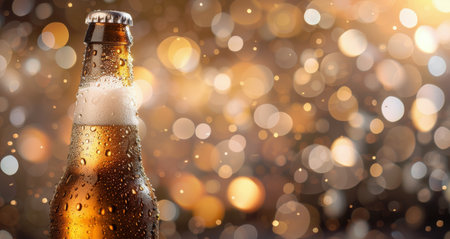 A chilled bottle of beer stands prominently, glistening with moisture. The soft golden bokeh in the background creates a warm, inviting atmosphere, perfect for social gatherings during the evening.の素材