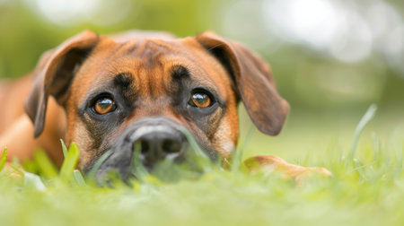 A joyful Labrador Retriever lounges comfortably on the vibrant green grass, basking in the sunlight in a serene park. The dog's playful demeanor and relaxed posture create a cheerful atmosphere.の素材
